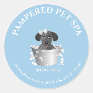 Cute Bathtub Pet Groomer Address Classic Round Sticker
