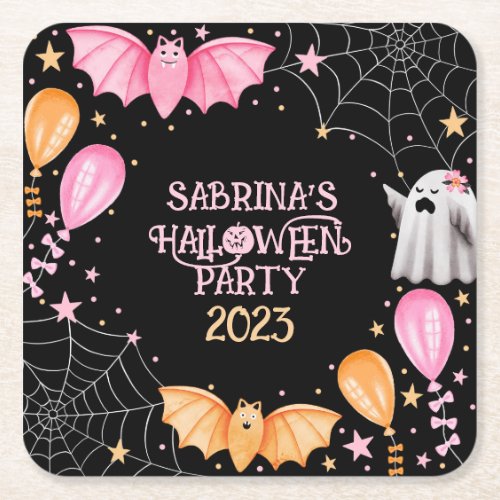 Cute Bats and Ghosts Pastel Halloween Party Square Paper Coaster