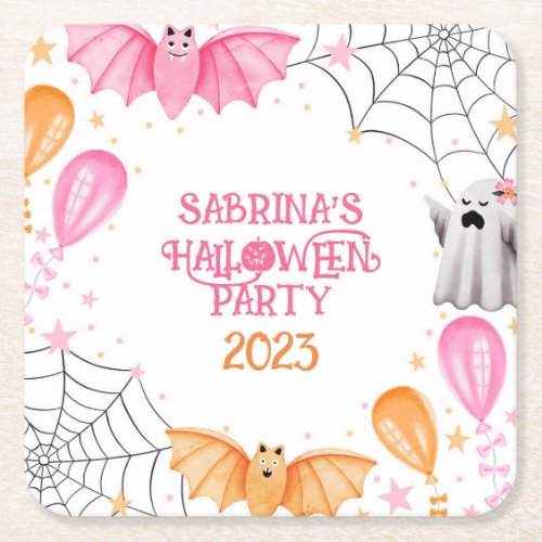 Cute Bats and Ghosts Pastel Halloween Party Square Paper Coaster