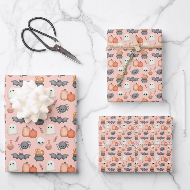 Cute Bats and Spiders Halloween Wrapping Paper Sheets (Front)