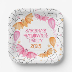 Cute Bats, Balloons + Spiderwebs Pastel Halloween Paper Plates