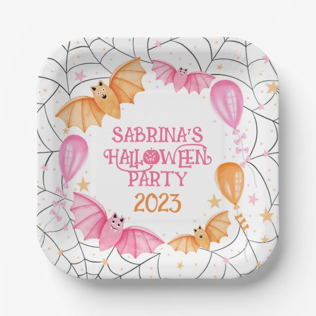 Cute Bats, Balloons + Spiderwebs Pastel Halloween Paper Plates (Front)