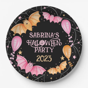 Cute Bats, Balloons + Spiderwebs Pastel Halloween Paper Plates
