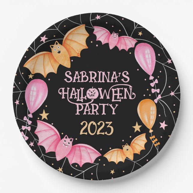 Cute Bats, Balloons + Spiderwebs Pastel Halloween Paper Plates (Front)