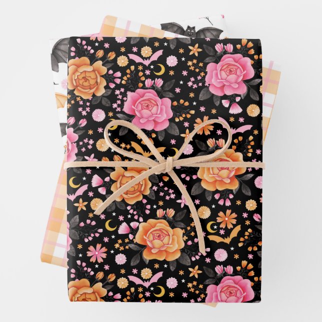 Cute Bats, Plaid and Florals Pastel Halloween Wrapping Paper Sheets (In situ)