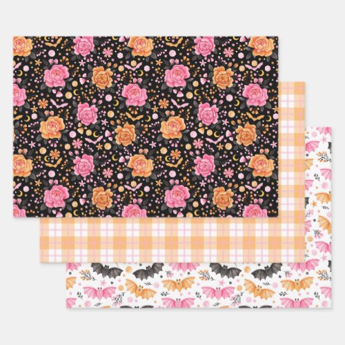 Cute Bats Plaid and Florals Pastel Halloween Wrapping Paper Sheets