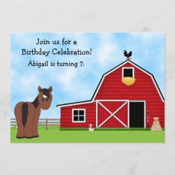Cute Bay Horse And Red Barn Girls Birthday Party Invitation by TheCutieCollection at Zazzle