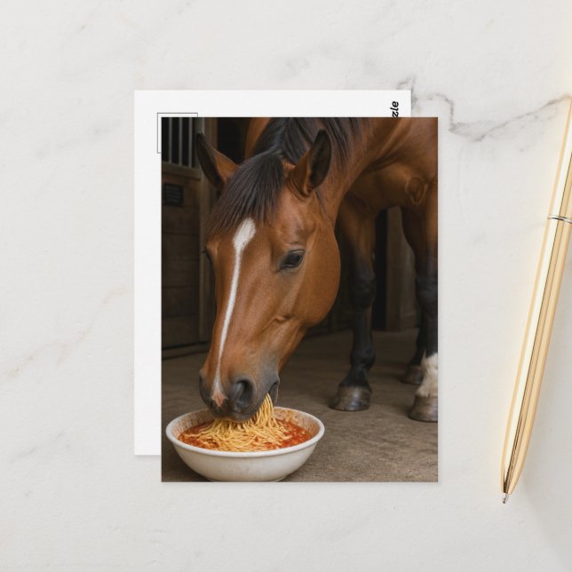 cute bay horse eating spaghetti postcard (Front/Back In Situ)