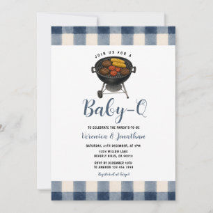 Cute BBQ Baby Shower Backyard Grill Blue Gingham Invitation