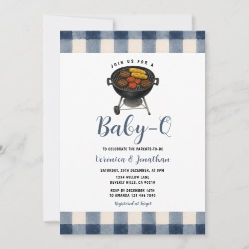 Cute BBQ Baby Shower Backyard Grill Blue Gingham Invitation