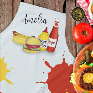 Cute BBQ Fun Whimsical Hamburger Hotdog Simple Apron