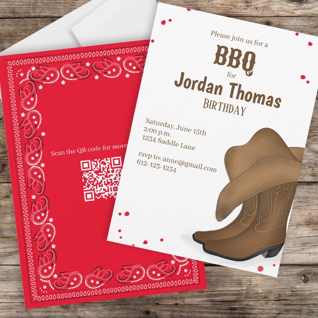 Cute BBQ Red Bandana Cowboy Party QR Code  Invitation (Creator Uploaded)