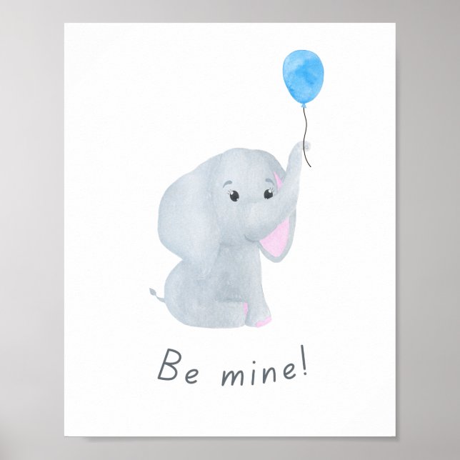 Cute 'Be Mine' Baby Boy Elephant Nursery Wall Art (Front)