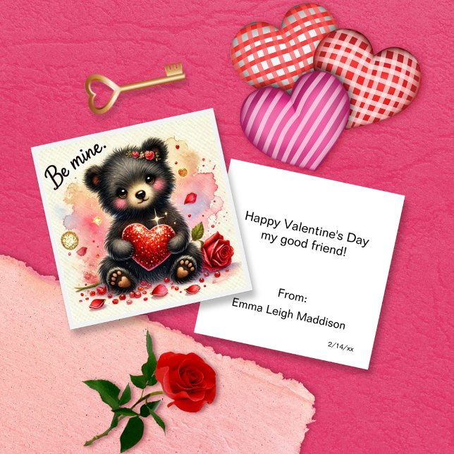 Cute Be Mine Girly Bear Cub Classroom Valentine Note Card (Creator Uploaded)