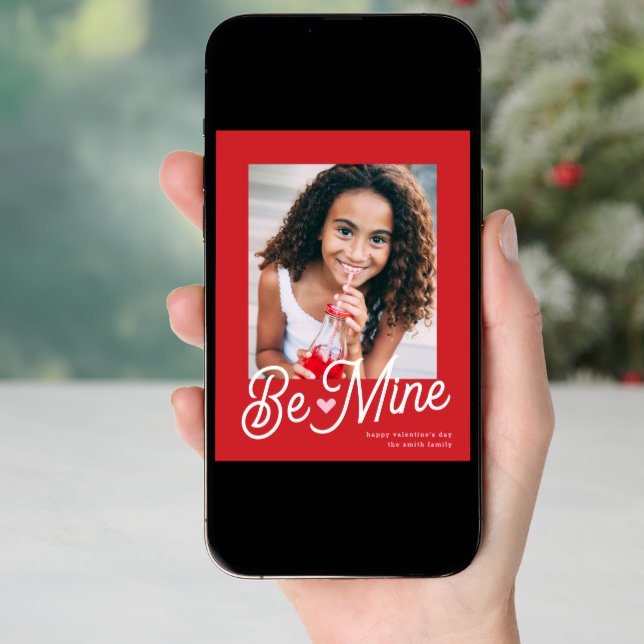 Cute Be Mine Pink Heart Valentine's Day Photo Holiday Card (Front Digital)