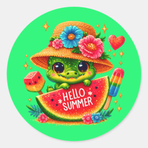 Cute beach alligator hello Summer Classic Round Sticker
