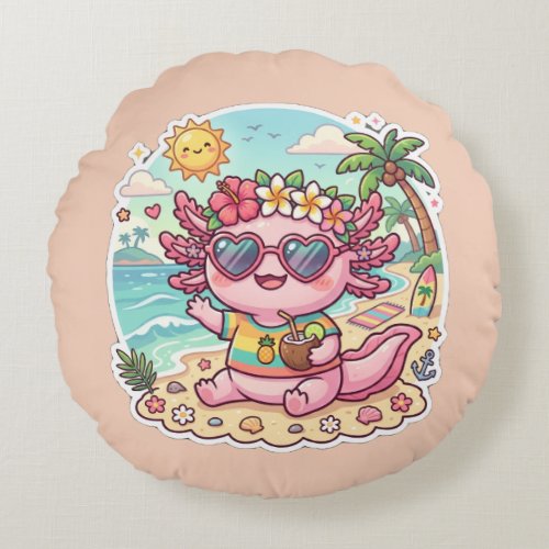 Cute Beach Axolotl Summer Vacation Round Pillow