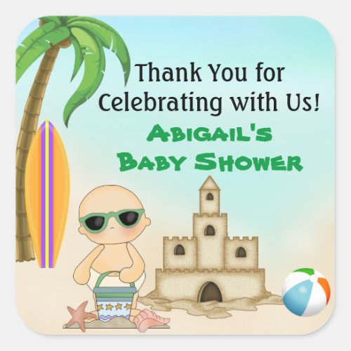 Cute Beach Baby Sandcastle Baby Shower Thank You Square Sticker