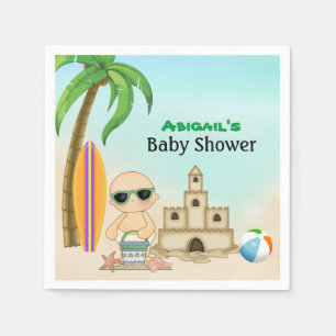 Cute Beach Baby Sandcastle n Surfboard Baby Shower Napkins