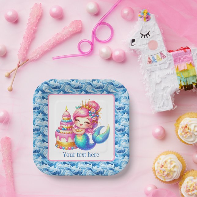 Cute Beach Birthday mermaid customizable  Paper Plates (Party)