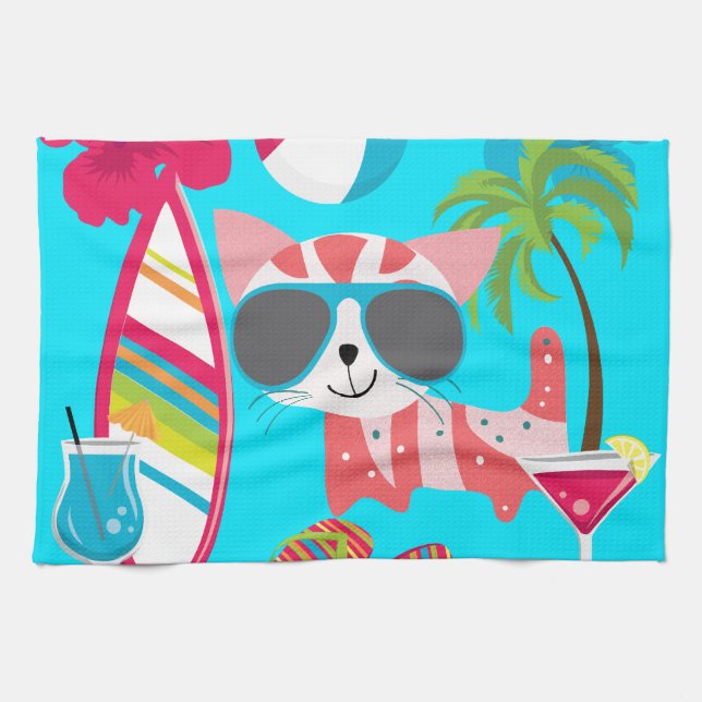 Cute Beach Bum Kitty Cat Sunglasses Beach Ball Kitchen Towel (Horizontal)