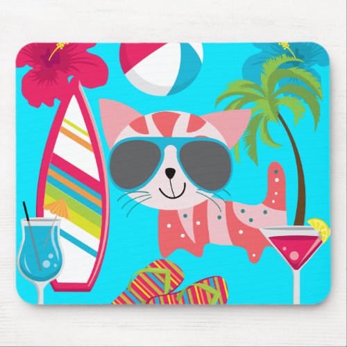 Cute Beach Bum Kitty Cat Sunglasses Beach Ball Mouse Pad