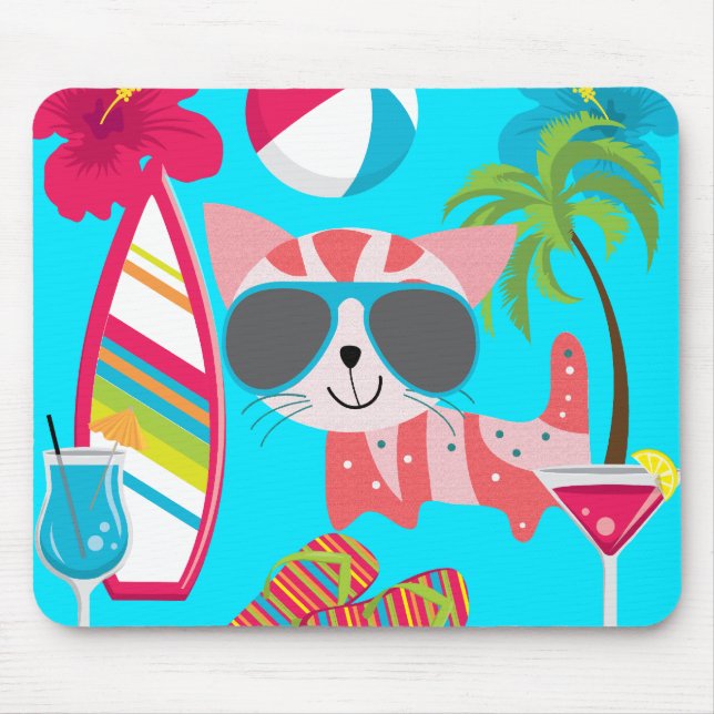 Cute Beach Bum Kitty Cat Sunglasses Beach Ball Mouse Pad (Front)