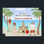 Cute Beach Christmas Holiday Birthday Invitation<br><div class="desc">Personalized Cute Santa Beach Christmas Holiday Birthday Party Invitations with decorated palm trees,  a sand snowman,  sandcastle and holiday ornaments. Some graphics by artwork&@delightful-doodles.com.</div>