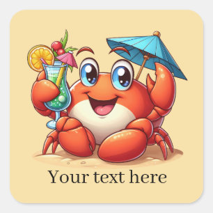 Cute beach cocktail crab party square sticker