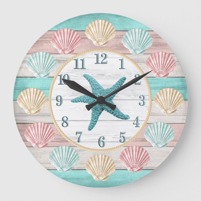 Cute Beach Colors with Seashells Large Clock (Front)