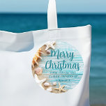 Cute Beach Company Christmas Seashell Custom Gift Classic Round Sticker<br><div class="desc">A cute custom beach business holiday sticker for a tropical island company. Customize this pretty teal blue wood and seashell photography Christmas gift sticker with your seaside corporation name or other coastal professional text.</div>