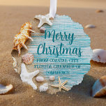 Cute Beach Company Christmas Seashell Customized Ornament Card<br><div class="desc">A cute custom beach business holiday ornament card for a tropical island company. Customize this pretty teal blue wood and seashell photography Christmas paper ornament with your seaside corporation name or other coastal professional text.</div>