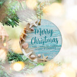 Cute Beach Company Seashell Personalized Christmas Ceramic Ornament<br><div class="desc">A cute custom beach business holiday gift for a tropical island company. Customize this pretty teal blue wood and seashell photography Christmas ornament with your seaside corporation name or other coastal professional text.</div>
