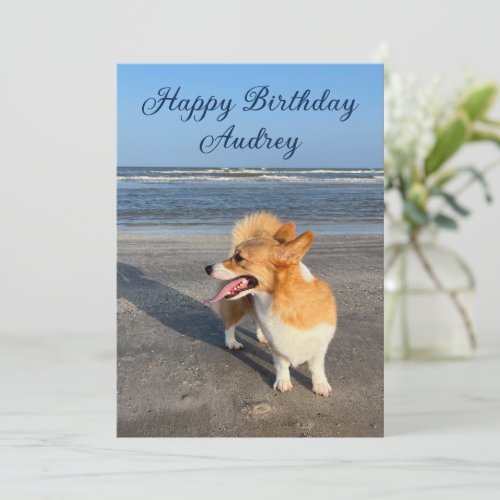 Cute Beach Corgi Personalized Happy Birthday Card