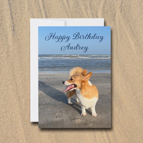 Cute Beach Corgi Personalized Happy Birthday Card