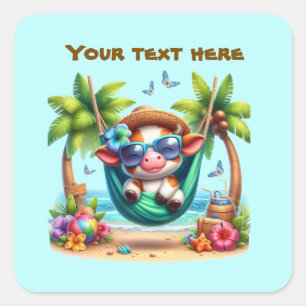 Cute beach cow customizable square sticker
