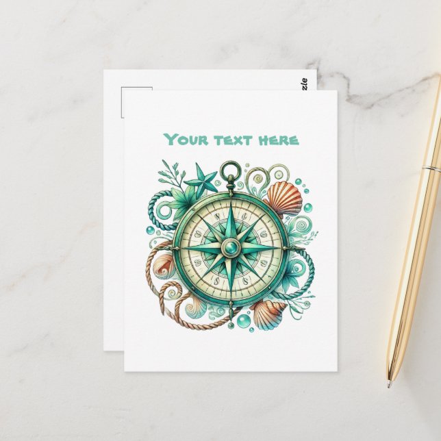 Cute beach customizable nautical compass postcard (Front/Back In Situ)