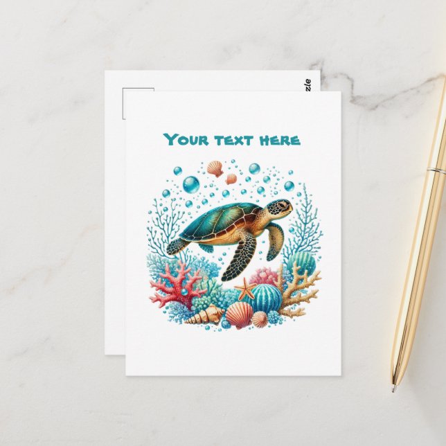 Cute beach customizable sea turtle postcard (Front/Back In Situ)
