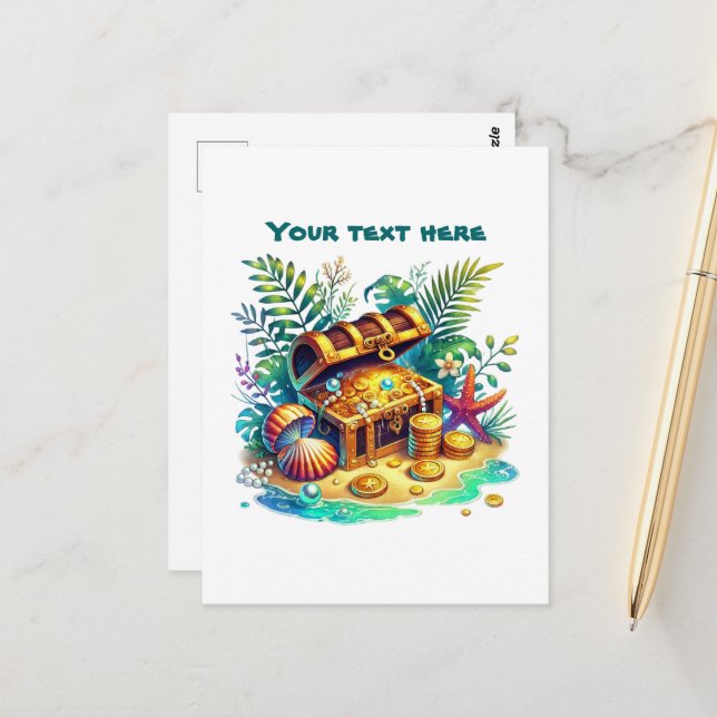 Cute beach customizable treasure chest postcard (Front/Back In Situ)