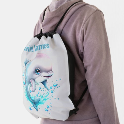 cute beach dolphin add name  drawstring bag