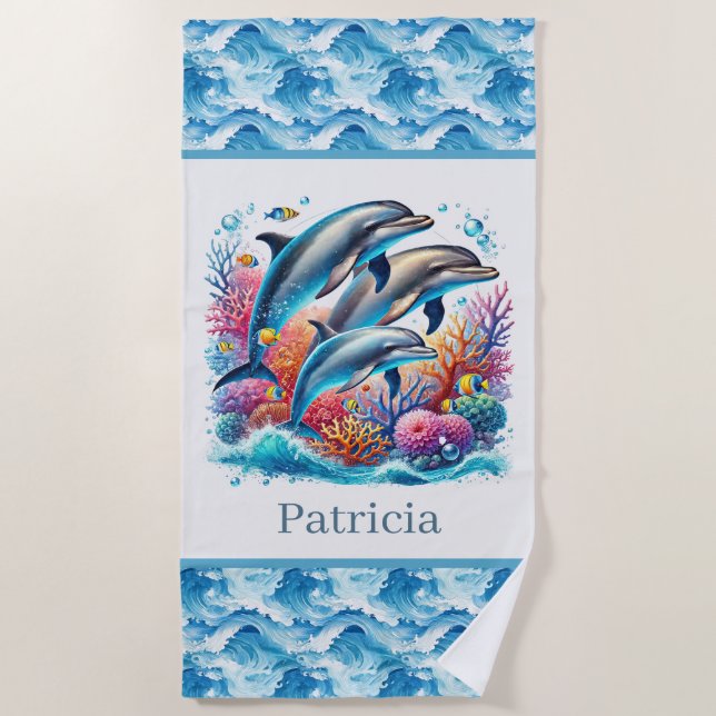 Cute Beach dolphin lovers add name Towel (Front)
