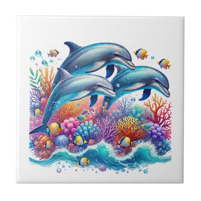 Cute beach dolphin lovers  ceramic tile (Front)