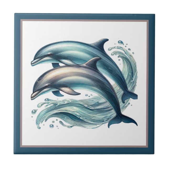 Cute beach dolphin lovers ceramic tile (Front)