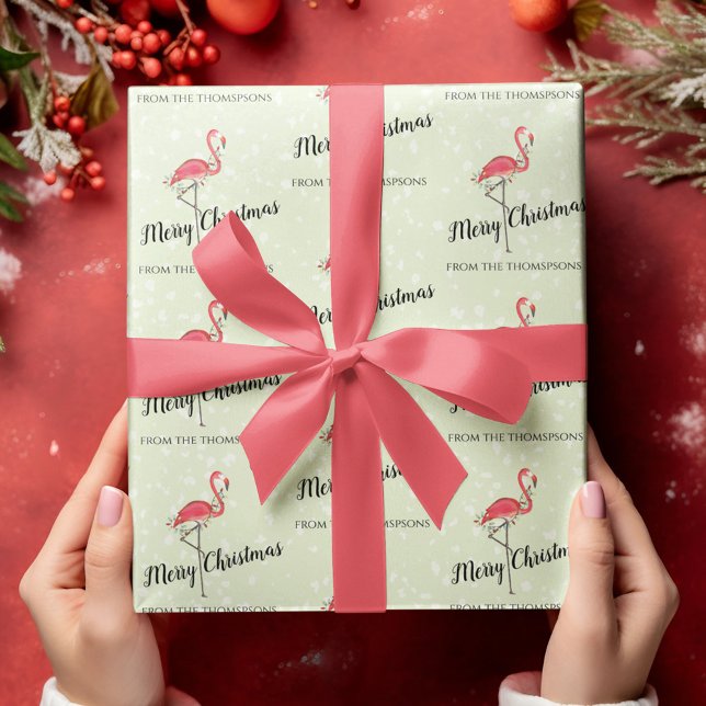 Cute Beach Flamingo Christmas Personalized  Wrapping Paper (Christmas holiday pink flamingo Merry Christmas custom wrapping paper)