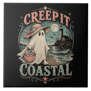 Cute Beach Ghost Spooky Coastal Halloween Ceramic Tile