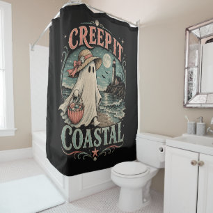 Cute Beach Ghost Spooky Coastal Halloween Shower Curtain