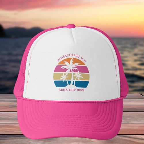 Cute Beach Girls Trip Palm Trees Custom Pink Trucker Hat