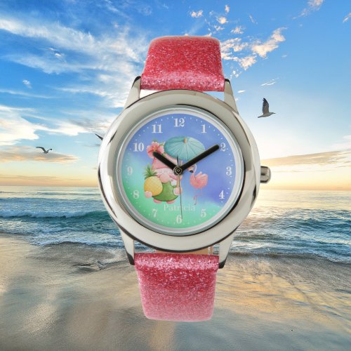 cute beach gnome pink flamingo add name kids  watch