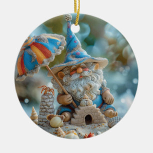 Cute beach gnome with an umbrella ceramic ornament