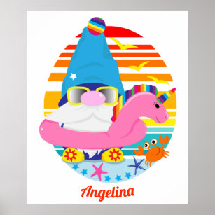 Cute Beach Gnome With Unicorn Inflatable Poster